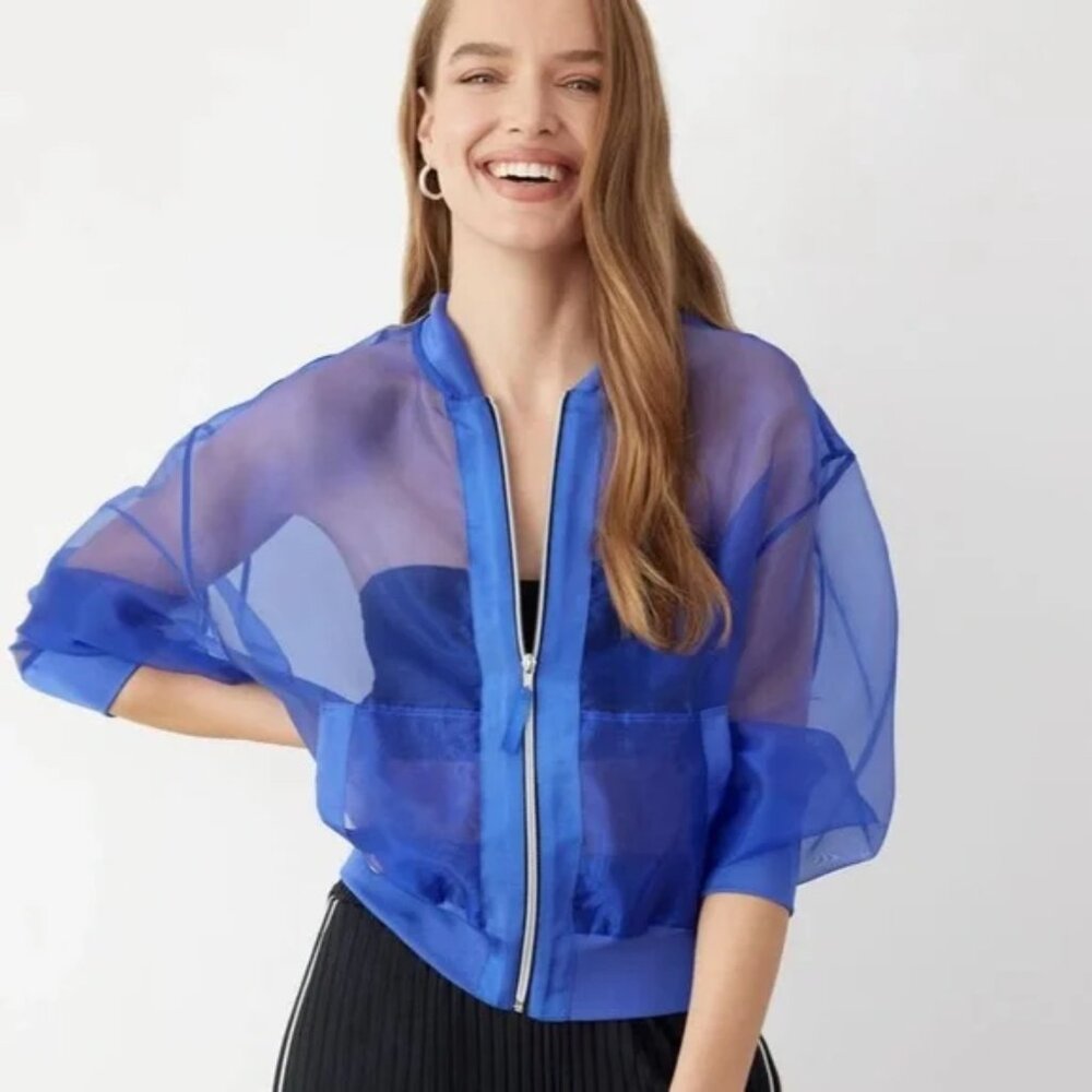 GSTQ Sheer Bomber Jacket In Royal Blue Zip Up Chiffon Blue Women's Size Medium M
